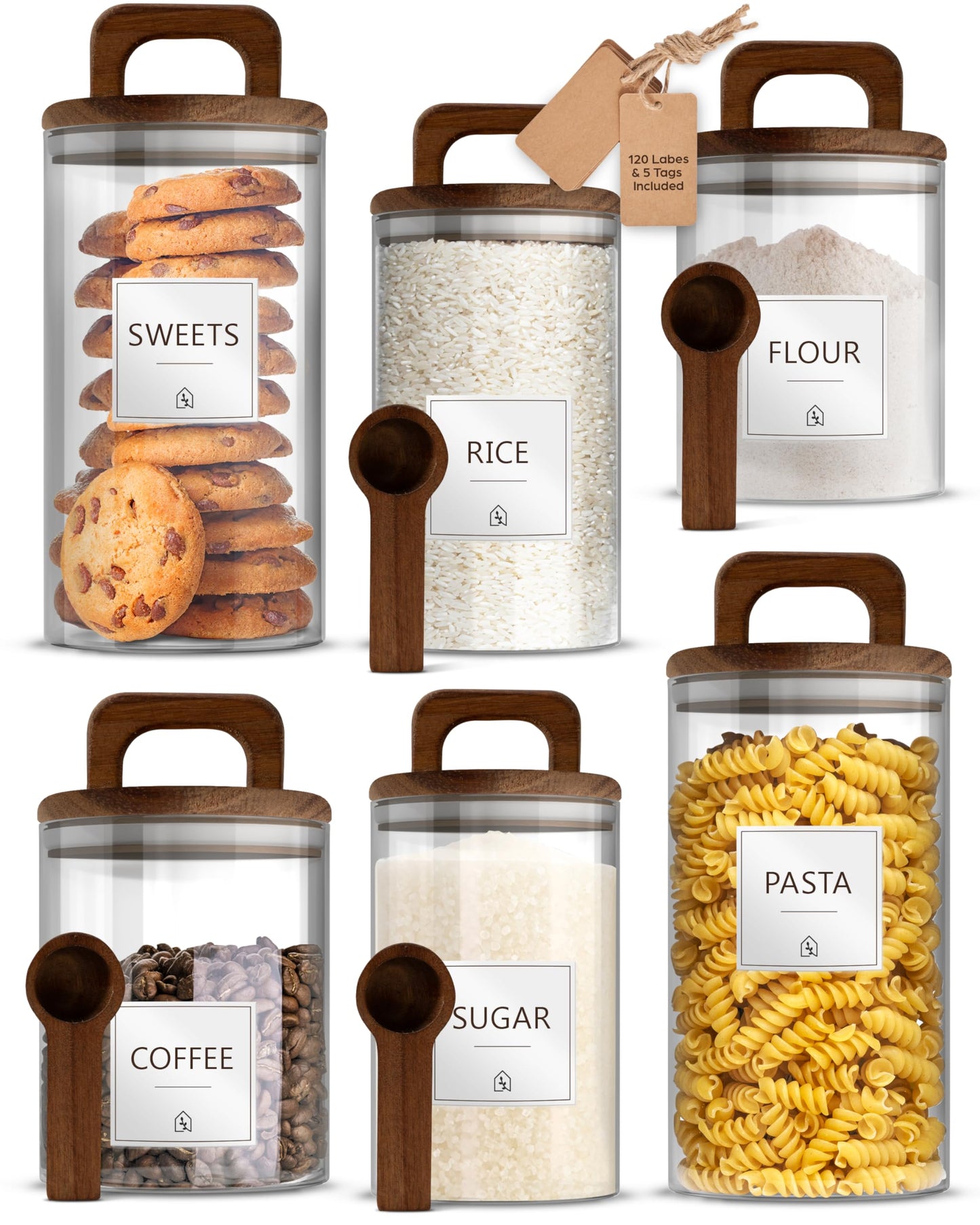 Food Storage Glass Jars with Spoons and Labels