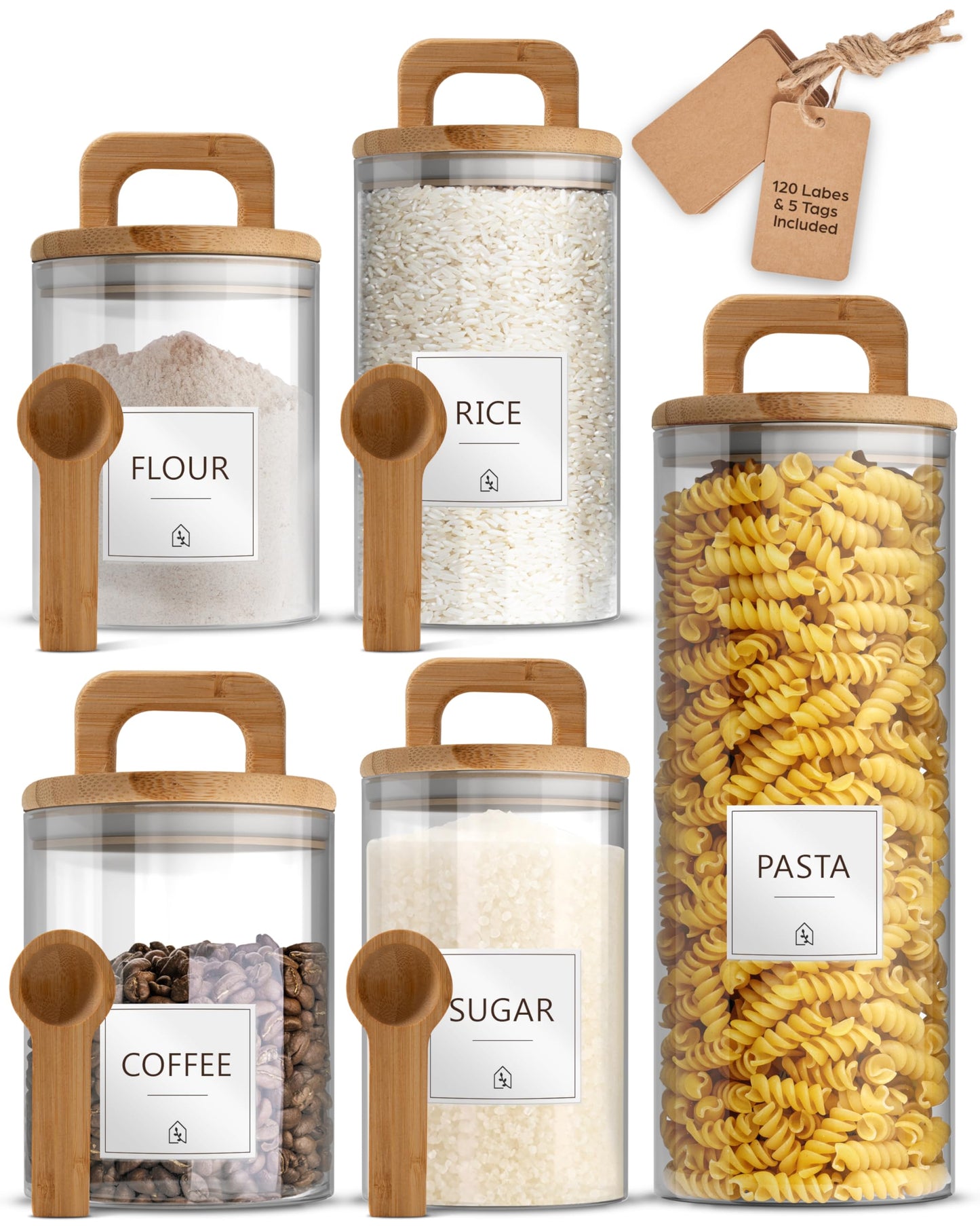 Food Storage Glass Jars with Spoons and Labels