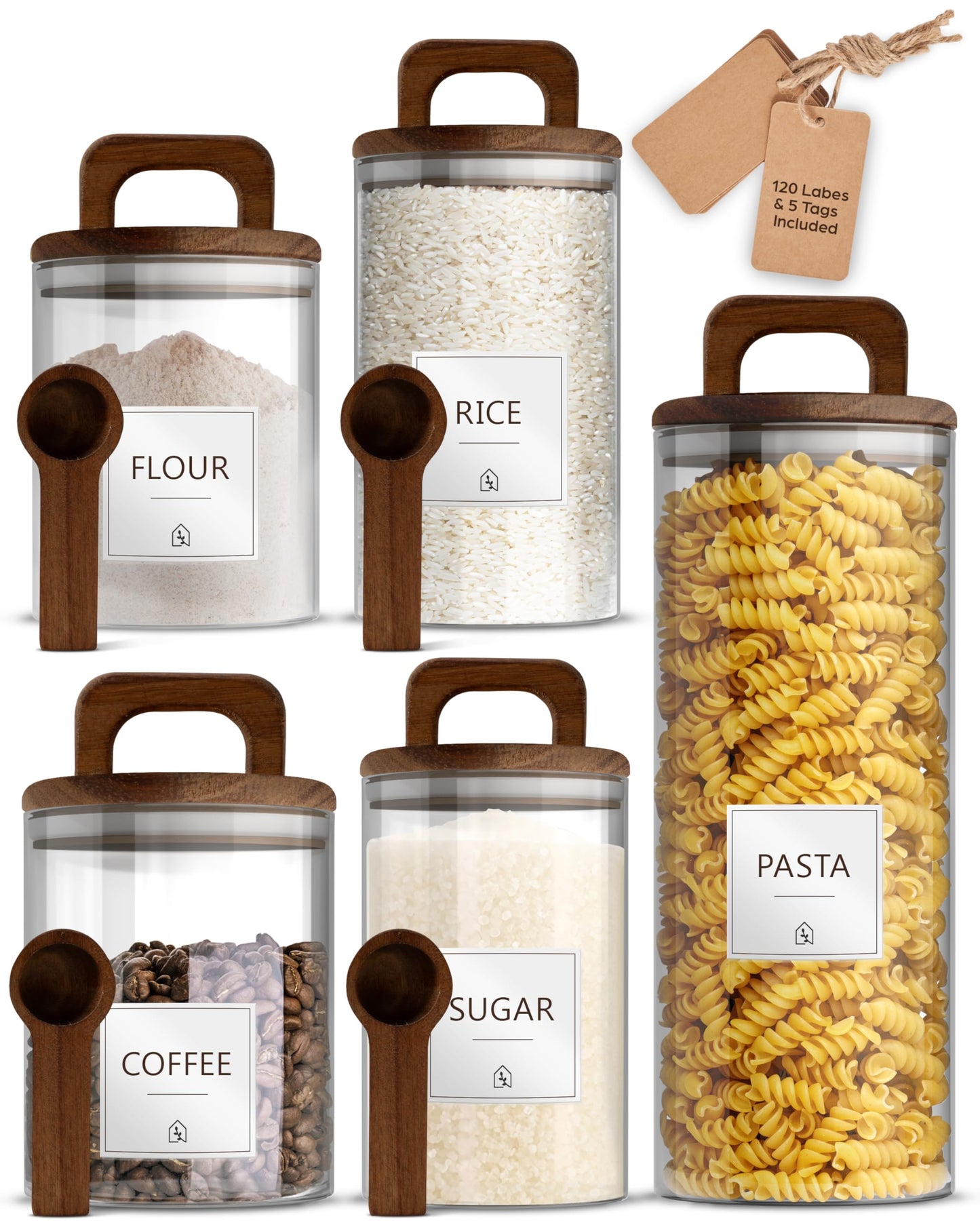 Food Storage Glass Jars with Spoons and Labels