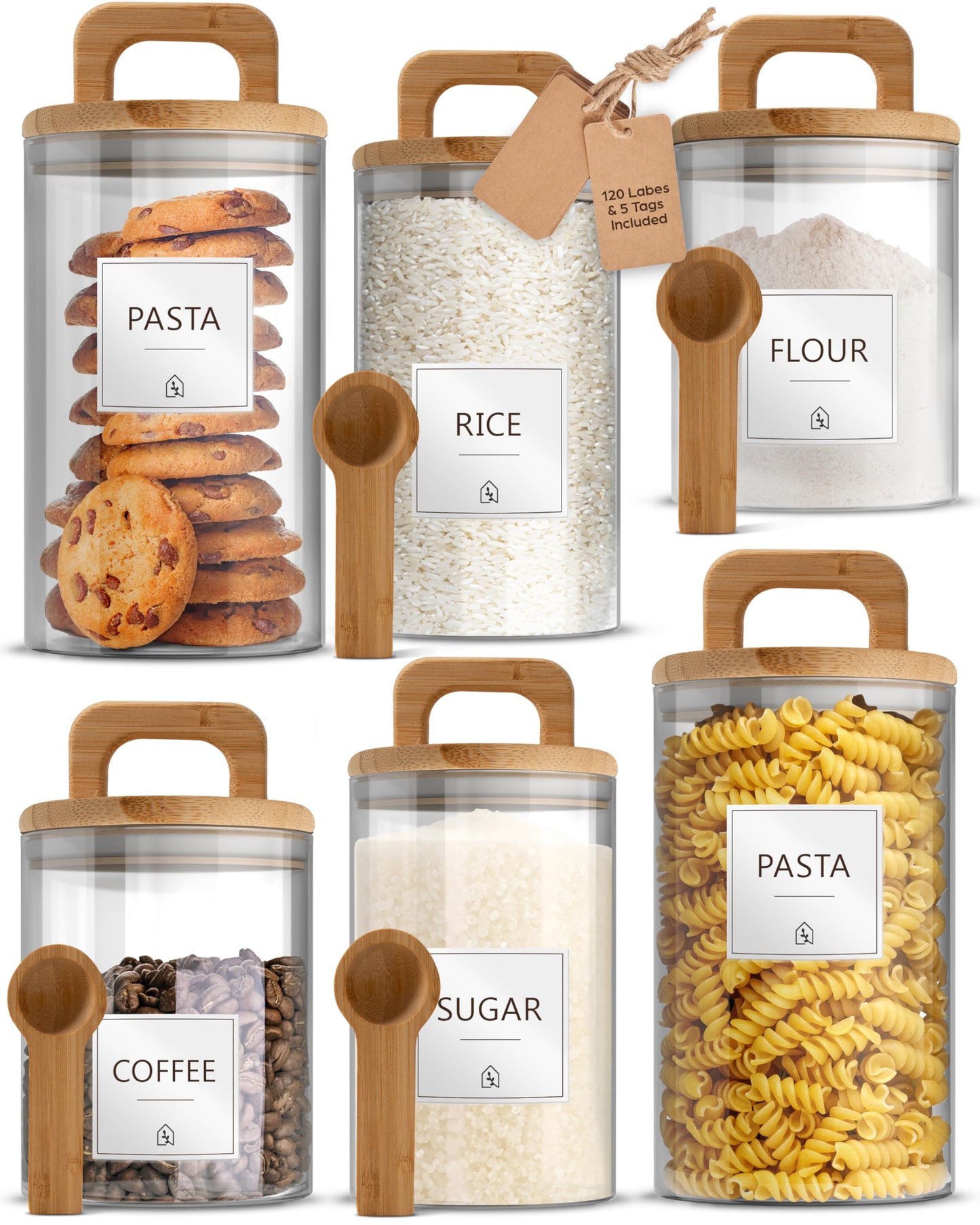 Food Storage Glass Jars with Spoons and Labels