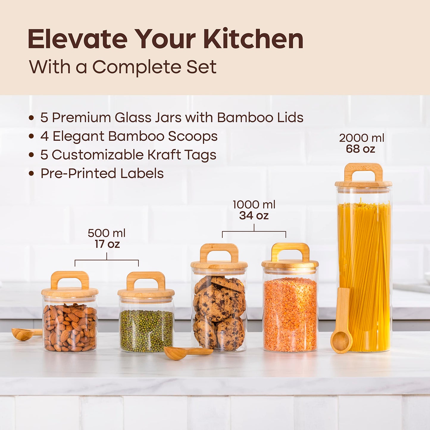 Food Storage Glass Jars with Spoons and Labels