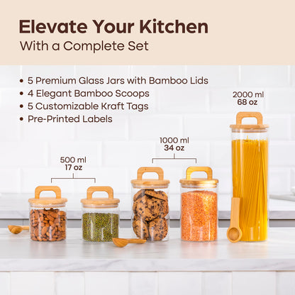 Food Storage Glass Jars with Spoons and Labels