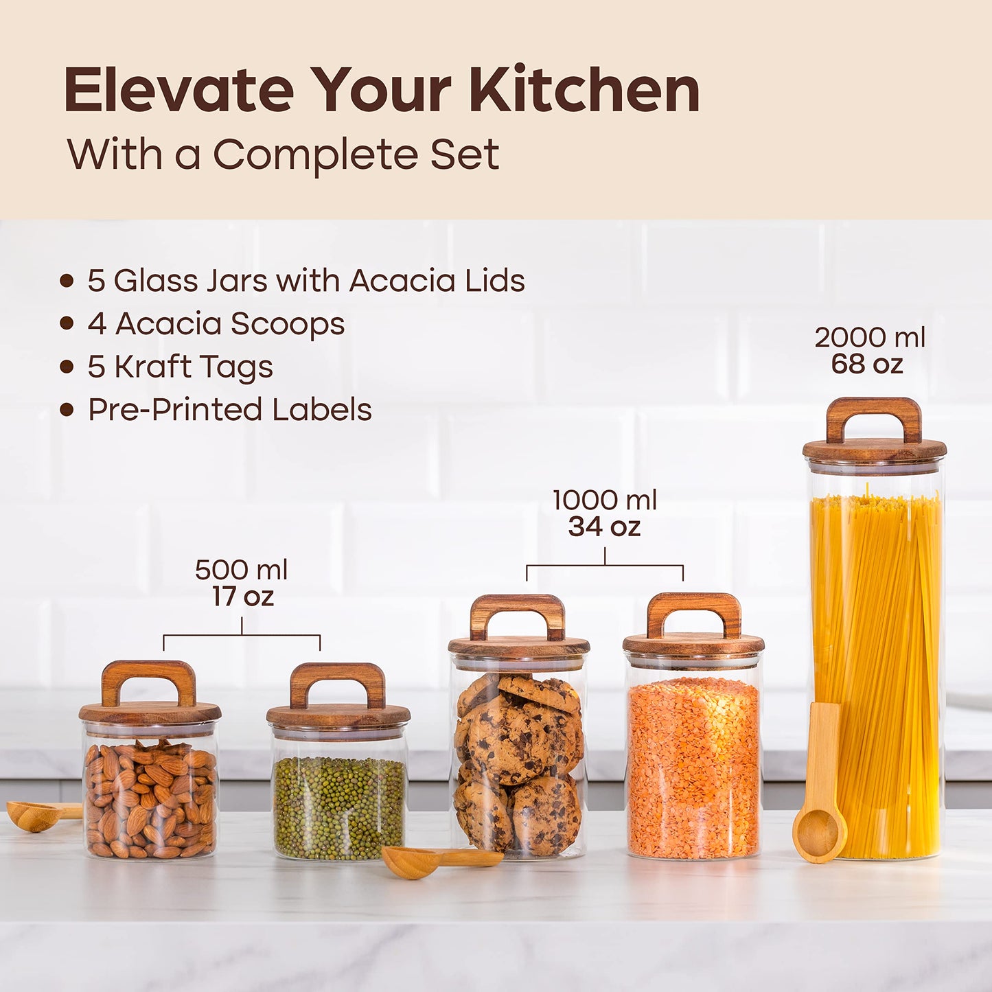 Food Storage Glass Jars with Spoons and Labels