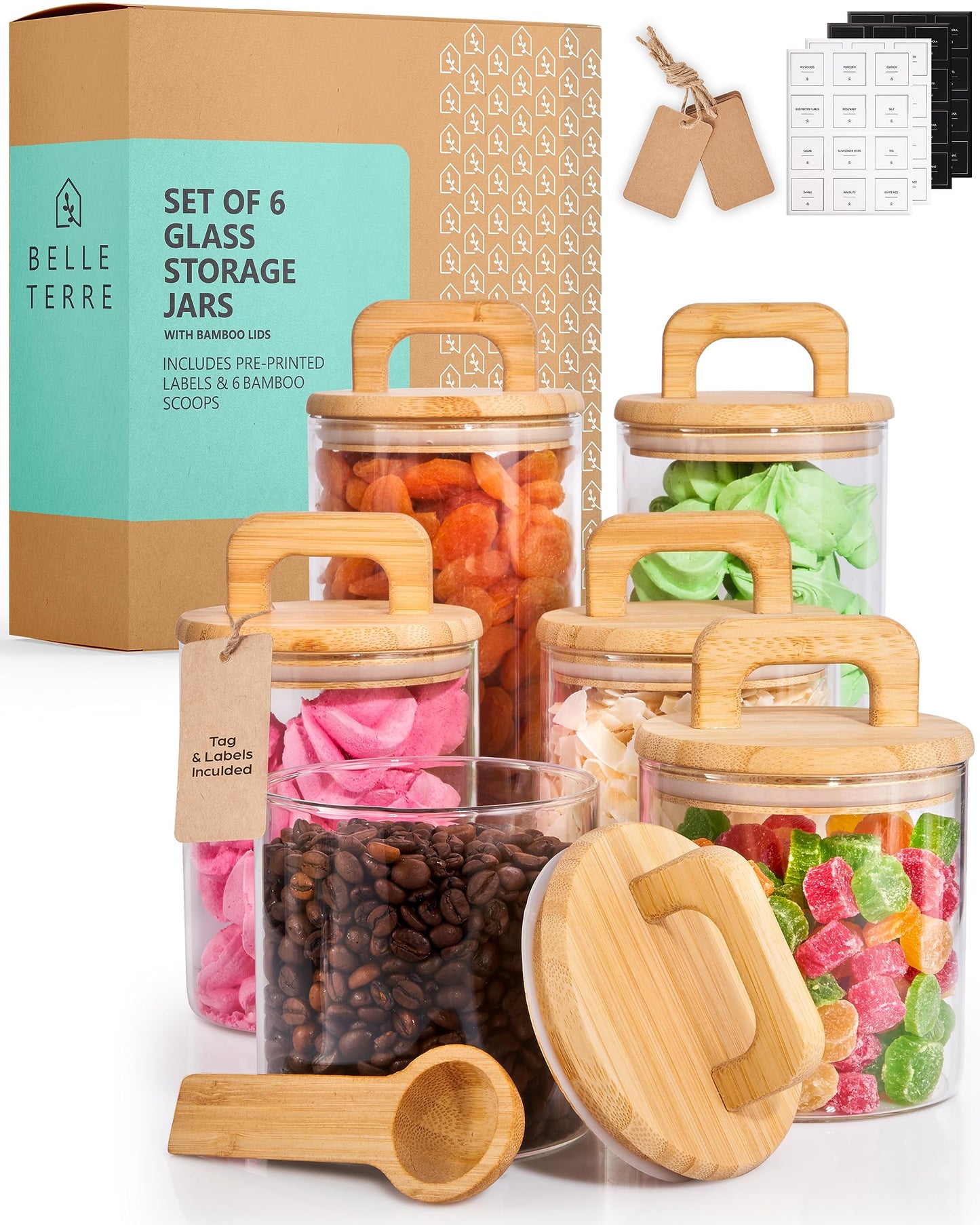 Food Storage Glass Jars with Spoons and Labels