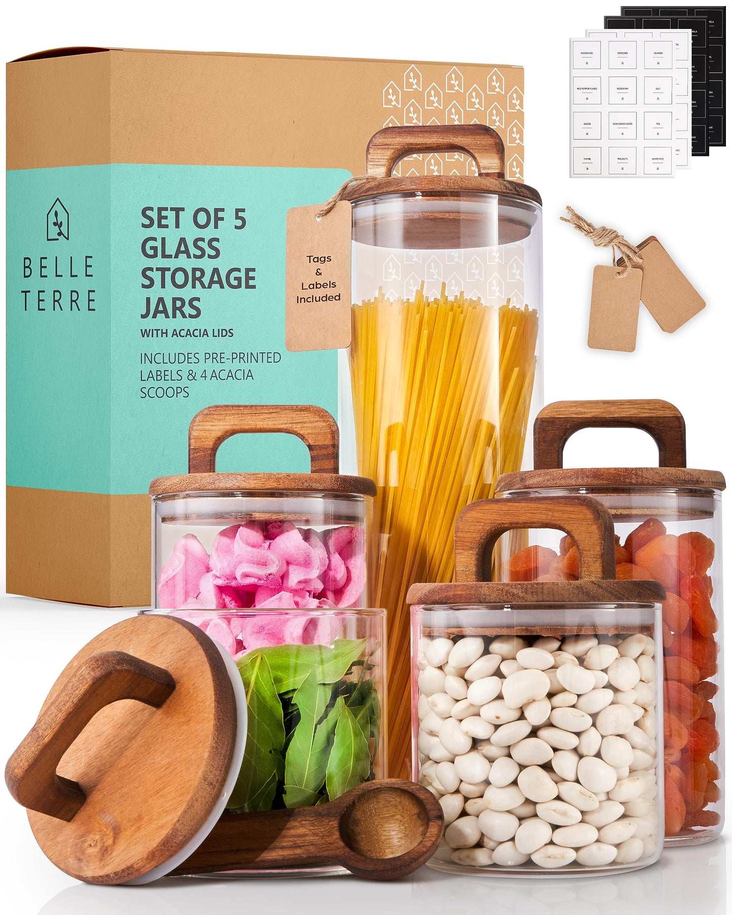 Food Storage Glass Jars with Spoons and Labels