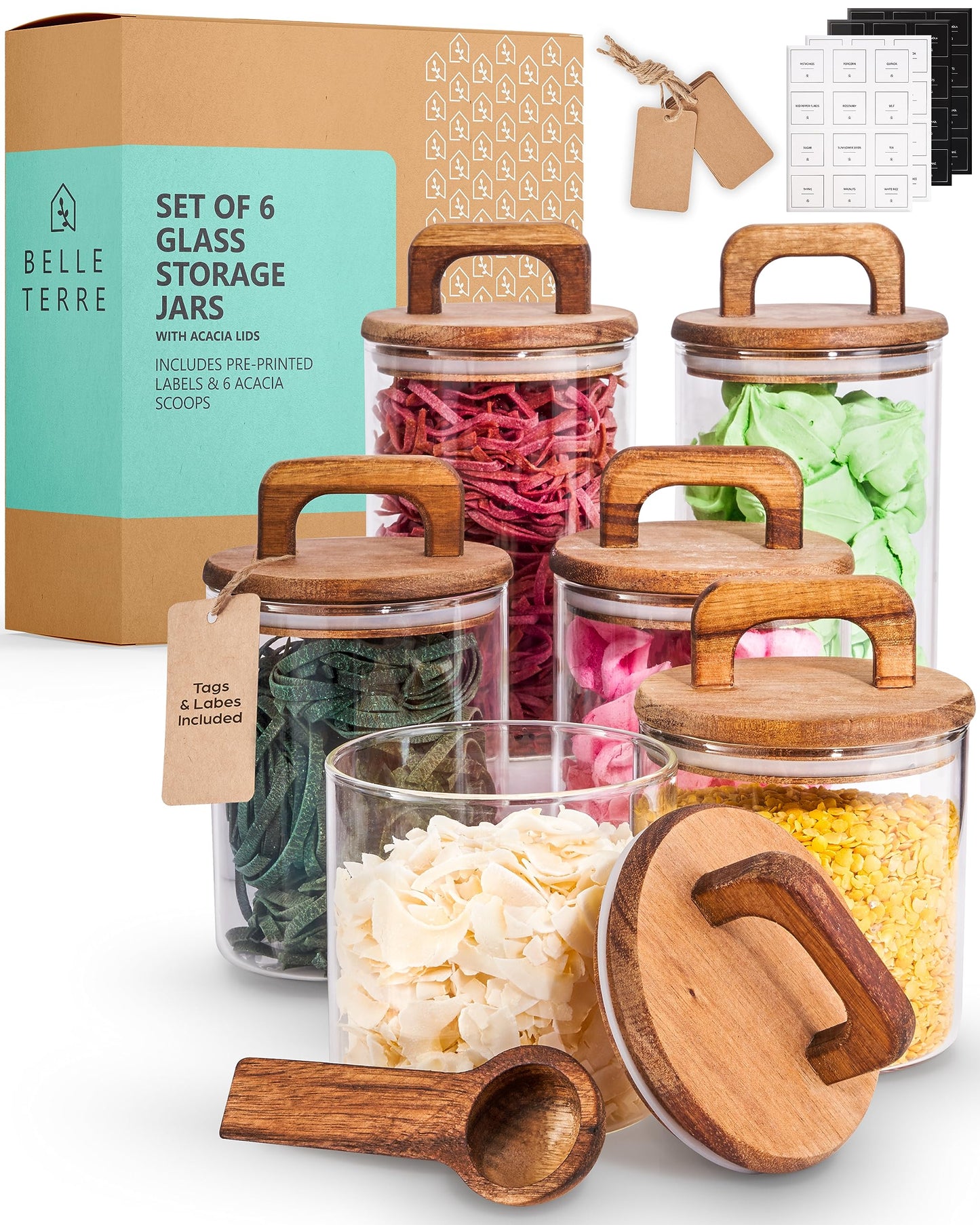 Food Storage Glass Jars with Spoons and Labels